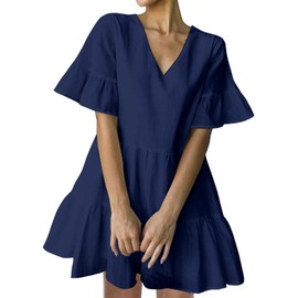 FANCYINN Women Summer Shift Dress with Pockets Bell Sleeve Ruffle Hem V Neck Loose Swing Tunic Mini Dress Navy Blue M