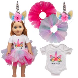Dress Along Dolly Unicorn Doll - Juego de ropa hecha a mano de 4 piezas para American Girl, Adora, Kindred Hearts, Our Generation, y todas las muñecas de 45,72 cm, incluye leotardo, diadema y 2 tutús coloridos