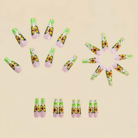 RUOKEXIN Coffin Press on Nails French Tip Fake Nails Sparkly False Nails with Butterfly Designs Long Nail Press ons Spring Glue on Nails Glossy Artificial Nails Cute Stick on Nails for Women 24Pcs