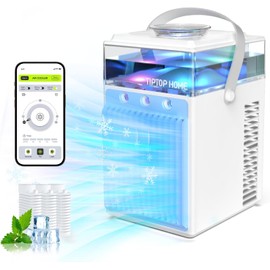 Portable Air Conditioner Fan, Rechargeable 4-IN-1 Personal Mini Cooler Humidifier, 3-Speed Evaporative Air Cooler with 7 Color Lights, Cordless AC Desktop Spray Fan, Quiet Desktop Cooler