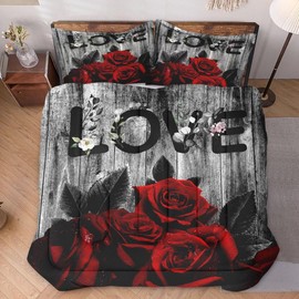 WeCozy Comforter Set Queen Size with 2 Pillowcases, Red Rose Flower 3 Pcs Bedding Set for Kids and Adults, Summer Vintage Woodboard Soft Comforter Set for Bedroom Bed Decor
