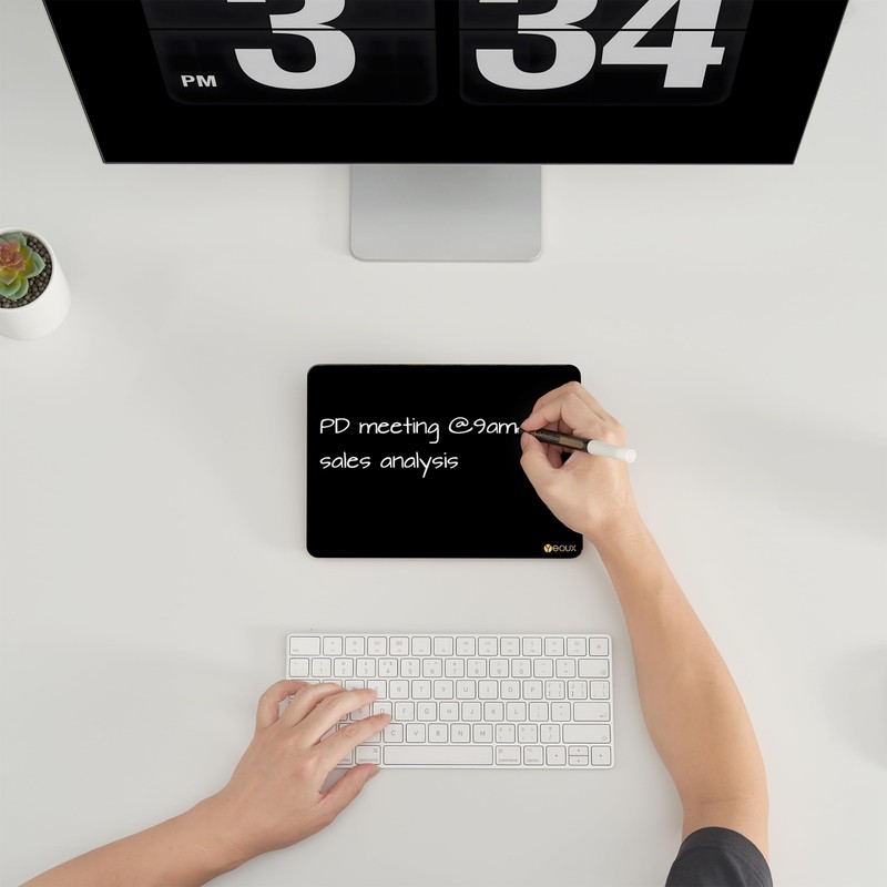 Black Glass Desk Whiteboard with Reversible Wood Stand, Small Portable