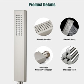 Heyalan SUS304 Stainless Steel Handheld Shower Wand High Pressure Luxury Shower Set High Flow Rectangle Hand Shower Spray with Wall Connector Holder and hose, Straight Style Brushed Nickel