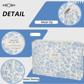 honitty Quilted Makeup Bag,Medium Travel Floral Cosmetic Bag Cute Pouch,Cotton Makeup Brushes Storage Bag for Women