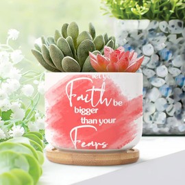DecStic Let Your Faith Be Bigger Than Your Fears Ceramic Planters Bible Verse Flower Pots for Indoor Plants with Drainage Holes and Saucers Pot for Home Office Desk Garden