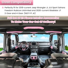 23PCS Full Set Interior Decoration Trim Kit for Jeep Wrangler JL JLU Gladiator JT 2018-2023 Steering Wheel Door Handle Air Conditioning Vent Cup Holder Reading Light Headlight Switch Gear Cover (Pink)