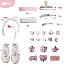 Alriedy 26 Piece Shoe Charms Set, Sneaker Jewellery with Beads & Bows, Satin Laces Lace & Clips for Women, DIY Shoe Decoration Accessories, Plastic, No Gemstone