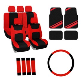 FH Group Car Seat Covers Combo Full Set with Carpet Floor mats Steering Wheel Cover and Seat Belt Pads- Universal Fit for Cars Trucks and SUVs Red