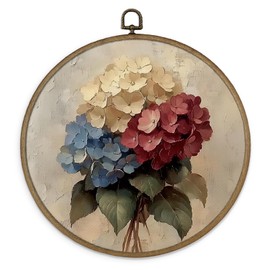 Gnmduw Vintage Hydrangea Floral Wall Art Framed, Blue Hydrangeas Flower Round Hanging Wall Decor, French Country White Hydrangea Canvas Prints Art for Bathroom Gallery Living Room,10x10 In
