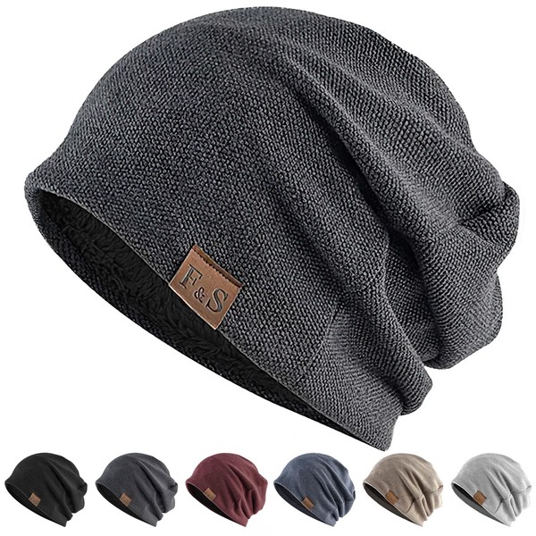 AOY Knit Hat, Men's, Autumn and Winter, (Soft Material, Warm Fleece Lining, Zero Tightness), Knit Hat, Cold Protection, Windproof, Thermal, Soft, Warm, Fluffy, Lightweight, Stretchy, Stylish, Beanie, Knit Cap, For Work or School Commutes, Bicycle, Large 