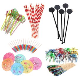 99 Piece Cocktail Party Decoration Drinks Accessory Pack With Umbrellas, Sparkle Sticks, Stirrers and Biodegradable Straws NYE