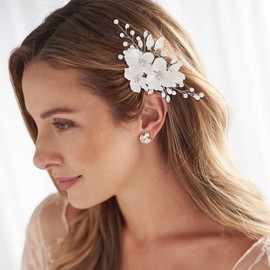 Foyte Bridal Flower Hair Clip White Flower Hair Comb Rhinestone Floral Hairpin Crystal Pearl Hairpieces for Women and Brides