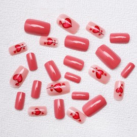 Valentine's Day Press on Nails with Red Heart Designs Short Square Shaped False Nails Love Valentines Fake Nails Glossy Acrylic Nails Full Cover Stick on Nails for Women Nail Art Decoration 24 Pcs