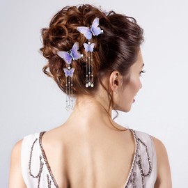 BBTO 8 Pcs Butterfly Hair Tassel Clips Wedding Moving Butterfly Pin Alligator Barrettes 3D Hanging Hair Accessories Cute Organza Hairpins for Women Bride Party(Sweet Color)