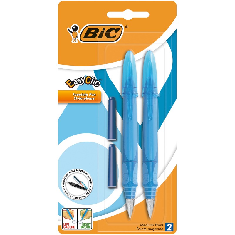 BIC EasyClic Assorted Colour Fountain Pens (Pack of 2), Blue,Green,Red,Pink