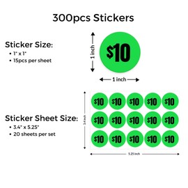Mobiusea Creation 300pcs $10 Price Stickers | 10 Dollar Price Tags Labels | Bright Green Color with Black Text | 1" in Diameter | Preprinted Price Labels | Garage Sale Stickers