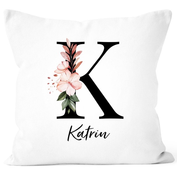 SpecialMe® Cushion Cover Monogram Initial with Name Personalised Flowers Flowers Decor Floral Letter Plain White Standard