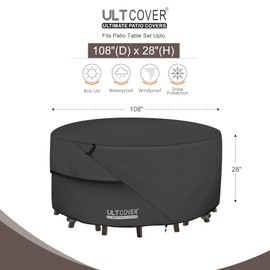 ULTCOVER Round Patio Furniture Cover - Outdoor Waterproof Table with Chair Set Cover 108 inch, Black