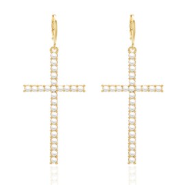 Fashion Rhinestone Pearl Cross Huggie Earrings,Gold Silver Zircon Crystal Geometric Cross Dangle Earrings Jewelry for Women Gifts (Gold Pearl)