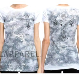 Vocal Top Size L Silver Tribal Cross White Rhinestone Embellished Womens Shirt