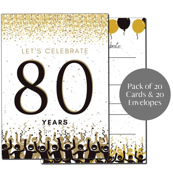 80th Birthday Party Invitations | 80 Years | Black and Gold | Confetti Streamers Party Invitations | Fill in Style | 20 Count with Envelopes | Surprise Party