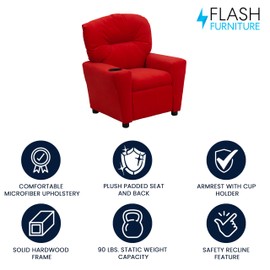 Flash Furniture Chandler Microfiber Kids Recliner with Cup Holder and Safety Recline, Contemporary Reclining Chair for Kids, Supports up to 90 lbs., Red