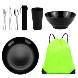Jeinbuil Camping Cutlery Set Camping Crockery Set Reusable Lightweight Cups, Bowls, Plates and Stainless Steel Cutlery with Bag for Camping, Hiking and Picnics Dishwasher Safe