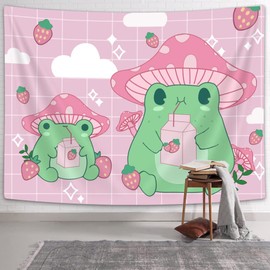 Bzhilja Frog Mushroom Strawberry Tapestry, pink cute room decor Aesthetic Wall Hanging Bedding Aesthetic Tapestry, Room Decor for Girls Bedroom Funny Living Room Home Decor (60ʺ x 40ʺ, Pink)