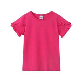 Noomelfish Girls Ruffle Short Sleeve T-Shirts Summer Casual Tee Tops Blouse, Hot Pink, Size 7-8 Years