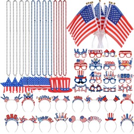 Capoda 64 Pcs 250th Anniversary Party Favors USA 4th of July Accessories Headbands Necklaces Glasses Flags Patriotic Party Favors for 250th Anniversary Fourth of July Independence Day Supplies