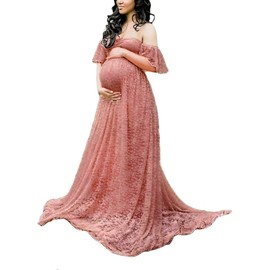 MYZEROING Maternity Photography Props Floral Lace Dress Fancy Pregnancy Gown for Baby Shower Photo Shoot (2XL, Pink Carnation)