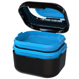BVN Denture Bath Denture Case: Denture Cup for Soaking Dentures, Retainer Cleaner Case with Mirror, Mouth Guard Case, Aligner Case, Retainer Holder, Night Guard Case, False Teeth Container Black