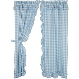 VHC Brands Annie Blue Buffalo Check Farmhouse Ruffled Short Panel Curtain Set 63x36