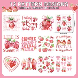 Falueqg Strawberry Iron on Transfers for Tshirts - 12Pcs Sweet Strawberry Dtf Transfer Ready to Press, Fruit Shortcake Iron on Decals Patches, Coffee Bow Heat Appliques Stickers for DIY Clothes Bags