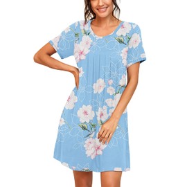 PrinStory Womens Sleepwear Short Sleeve Nightgown Soft Sleepshirt Pleated Nightshirt Scoopneck Casual Loungewear FP-Light Blue-Medium