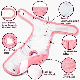 Dono Washable Female Dog Diapers with Suspenders 4 Pack, Reusable Highly Absorbent Dog Period Diapers, Puppy Diapers with Fur-Safe Fasteners, Leak-Proof Doggie Panties for Heat, Small