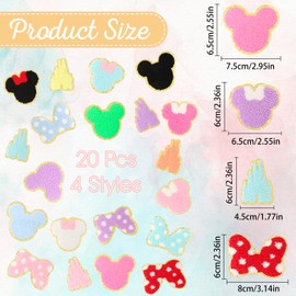 EVERMARKET 20 Pcs Cute Chenille Patches Iron on Mouse Head Patch Bow Castle Patches Colorful Chenille Embroidered Applique Patch Sew on Gold Trimmed Mouse Decorative Patch for DIY Clothing Decors