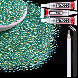 6000Pcs 3mm Resin Jelly Rhinestones with 3Pcs 10ml B7000 Jewelry Glue for Crafting, Emerald Green AB Flatback Gems, Bedazzling Crystal Bulk for DIY Crafts Clothing Tumblers Shoes Nail Art Fabric