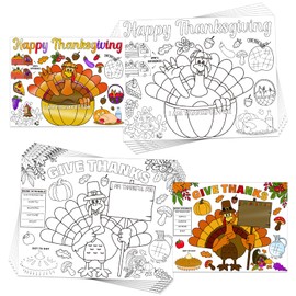 BIZIBAFF Thanksgiving Coloring Placemats - Set of 12 Turkey Table Mat Thanksgiving Disposable Paper Placemats Fall Harvest Thanks Giving Activities Arts and Crafts for School Party Favors