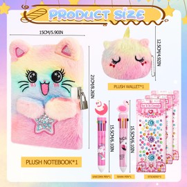 Guiqulai Cat Diary with Lock and Key,Tie-Dye Plush Diary Notebook,Secret Diary with Unicorn Coin Purse 2 Multicolored Ballpoint 3 Crystal Sticker,Stationary Present for Girls Age 4-12
