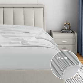 Cathay Home Luxury Wrinkle and Fade Resistant Double Brushed Ultra Soft Microfiber 14-Inch Standard Pocket Single Fitted Sheet, Light Gray, Queen