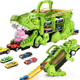 Uandhome Dinosaur Transporter Truck Toy for Kids,Race Track Toy Suit with 12 Diecast Racing Cars,Transformed Dinosaur Carrier Truck with Handle,Gifts for Age 3-5 Boys Girls(Green)
