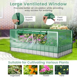 Giantex Raised Garden Bed with Cover, 16.5 Cu.Ft Galvanized Steel Planter Box Kit, Outdoor Mini Greenhouse w/ Roll up Window, 8 Pcs T Tags, Gloves, for Flower Herb Vegetable Fruit, 69”x36”x28”