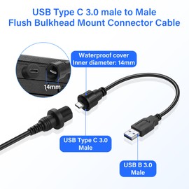 PNGKNYOCN USB C to USB C Panel Mount Cable,480Mbps USB Type C 2.0 Male to Male with Dustproof & Waterproof Cap for Car Motorcycle Boat Dashboard（0.3M