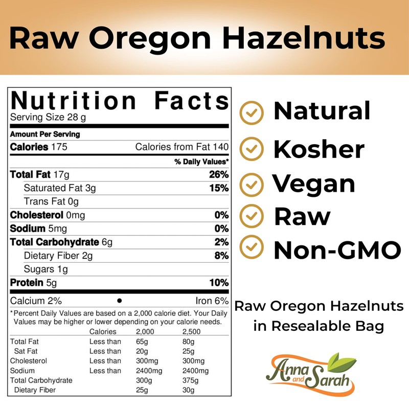 Raw Oregon Hazelnuts, Natural Raw Hazelnuts, Kosher Certified in Resealable