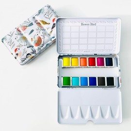 Bower Bird Watercolor Paint Set ，12 Colors Half Pans in Metal Tin Palette，Travel Watercolor Paint Set，Portable Watercolor Paints for Adults & Artist (white Box)