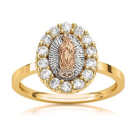 Savlano 18K Gold Plated White Yellow & Rose Three Color Lady of Guadalupe Virgin Mary With Round Cut Cubic Zirconia Women's Religious Ring (8)
