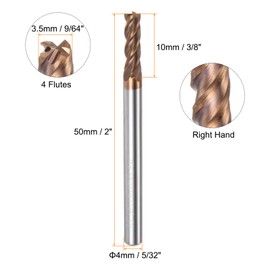 QUARKZMAN Carbide Square Cutter 3.5 mm (9/64 Inch) Diameter 4 mm (5/32 Inch) Shank 50 mm (2 Inch) Long HRC55 Micro Grain Tungsten Carbide 4 Cutting Router Bit for Aluminium Copper Metal