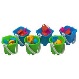 Mini Kids Beach Bucket and Sand Toy Playsets - Blue/Green - Set of 6