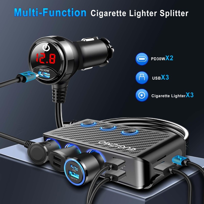 EUGIZMO Cigarette Lighter Adapter, 222W 3 Socket Car Cigarette Lighter